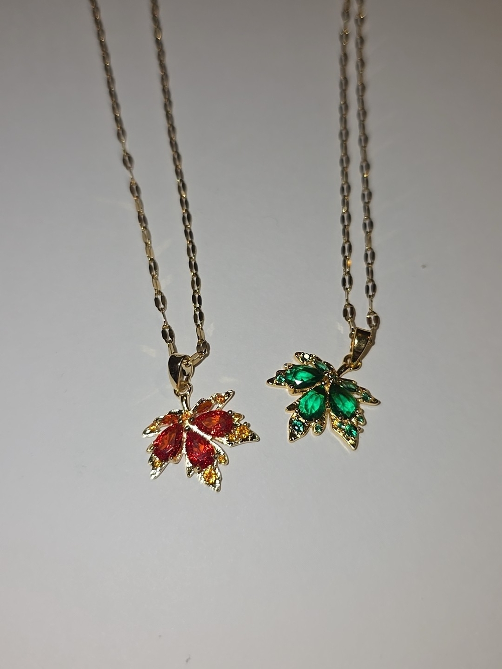 Gold Leaf Pendant Necklace with Red and Green Gemstones Stainless Steel